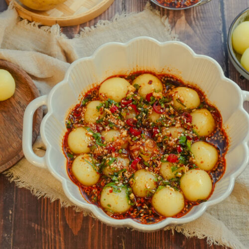 Chewy Potato Balls with Spicy Garlic Sauce