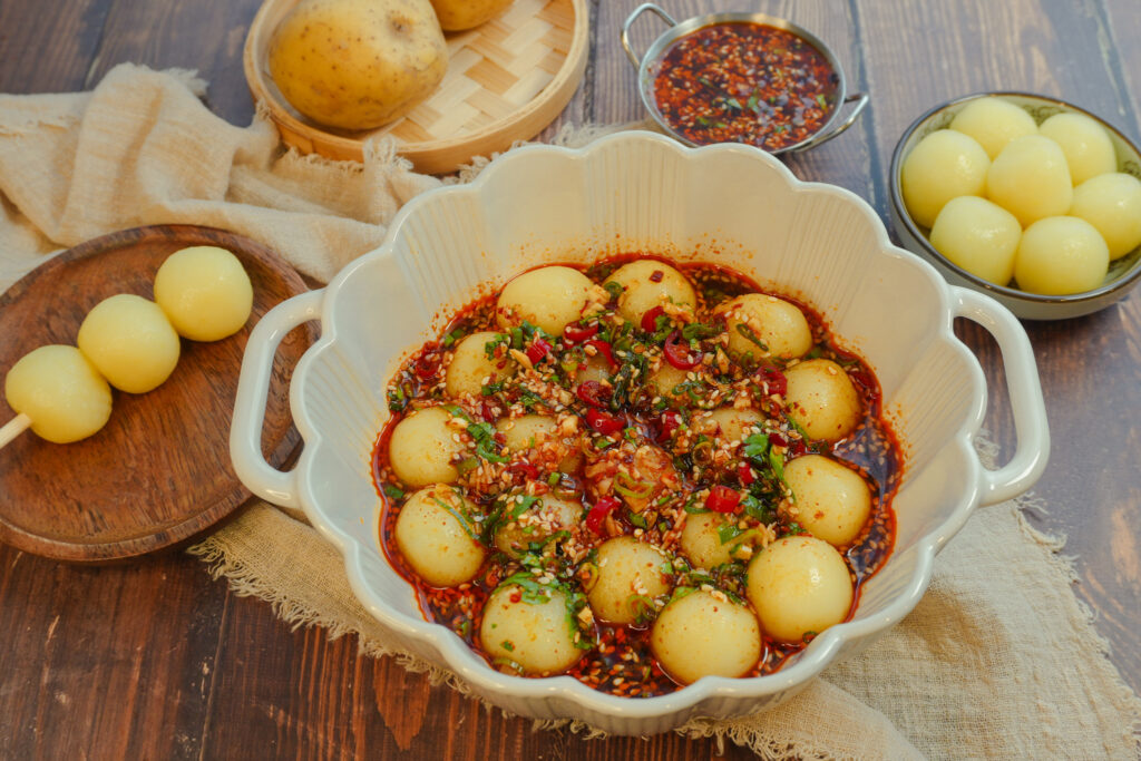 Chewy Potato Balls with Spicy Garlic Sauce