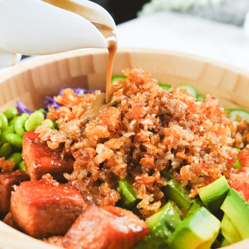 crispy rice salad with salmon, Honey Sriracha glaze and Asian sesame dressing