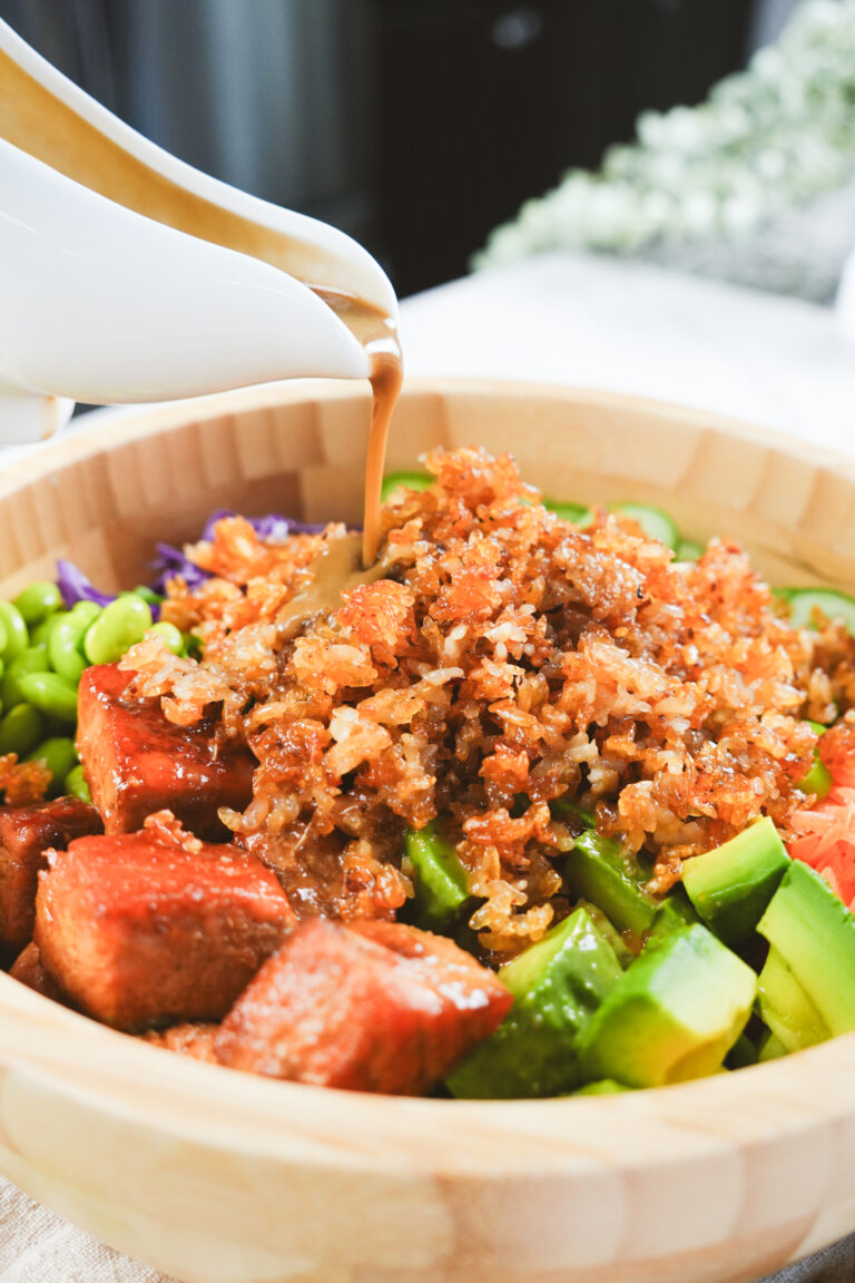 crispy rice salad with salmon, Honey Sriracha glaze and Asian sesame dressing