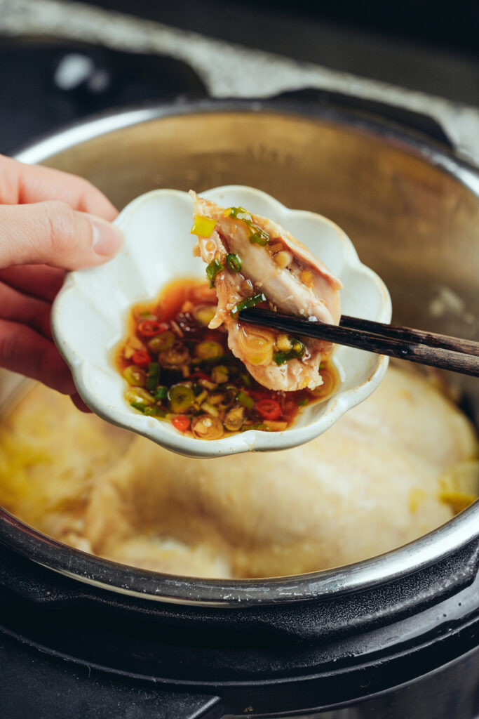 No Water Chicken Essence Soup with dipping sauce