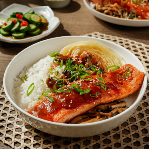 One pan miso butter salmon with charred cabbage