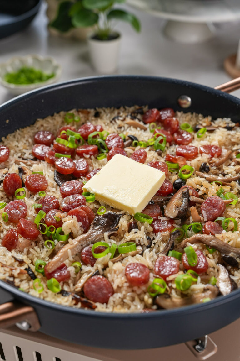 one-pot butter mushroom rice with Chinese sausage